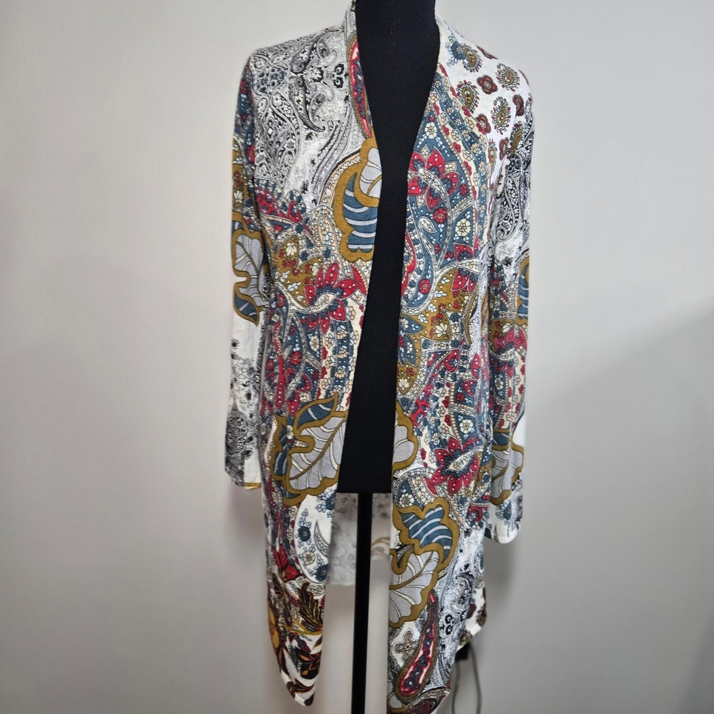 Chico's Cardigan Womens 0 Multicolor Excellent Paisley Open Front Longline Knit